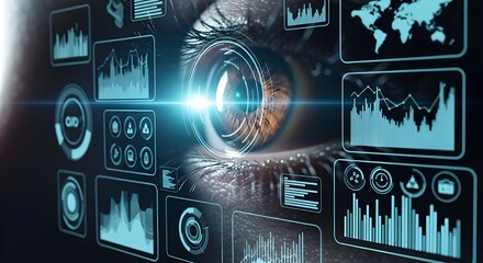 Futuristic Human Eye Scanning Digital Data, Charts, and Holographic Graphs with Lens Flare