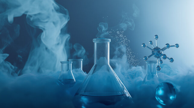 Laboratory consists of glass beakers and glass bottles filled with blue liquids. Molecule model in blue tones. - Powered by Adobe