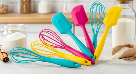 A bright assortment of kitchen utensils including whisks and spatulas on a white surface