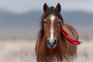 Obraz premium Horse with red ribbon in field looking at camera