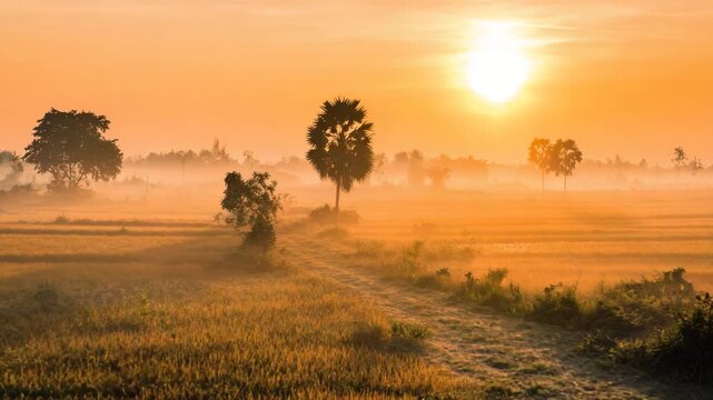 Golden sunrise over misty farmland.
