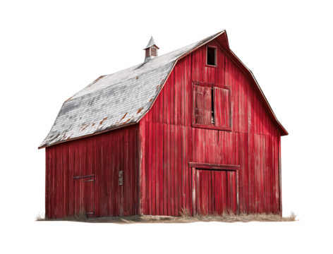 Old red farm barn isolated on a transparent background