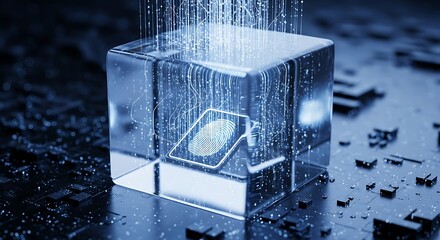 Digital Identity: Fingerprint Scan in a Glass Cube (AI Generated)