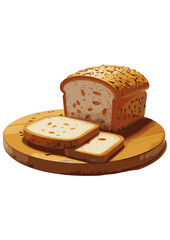 A fresh baked bread, a symbol of gourmet icon isolated .Bread slices cut on a wooden board .
