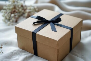 Brown gift box with black ribbon on white silk background, perfect for special occasion or celebration