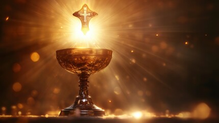 Glowing golden chalice and crucifix.
