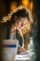 Student diligently studies for university entrance exam in a focused environment surrounded by soft lighting and cluttered workspace