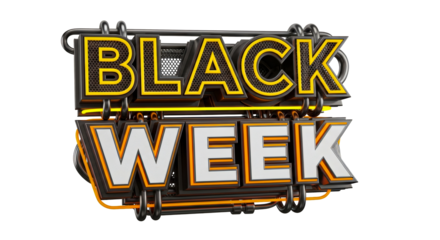 A black week sign with metallic accents and yellow outline on black background