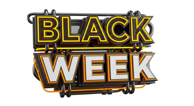 A black week sign with metallic accents and yellow outline on black background
