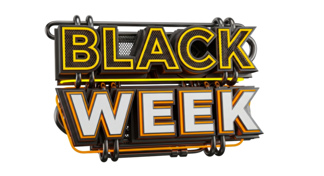 A black week sign with metallic accents and yellow outline on black background
