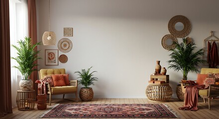 Interior of a living room featuring two yellow armchairs, potted plants, decorative wall hangings, a patterned rug, and neutral tones creating a warm, bohemian aesthetic.
