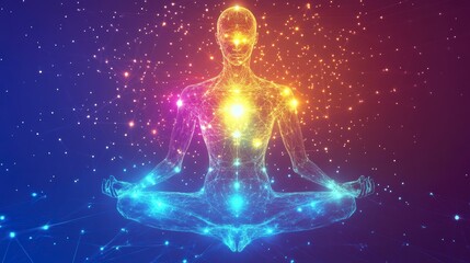 Fototapeta premium Glowing energy body in lotus yoga pose, spiritual meditation concept.