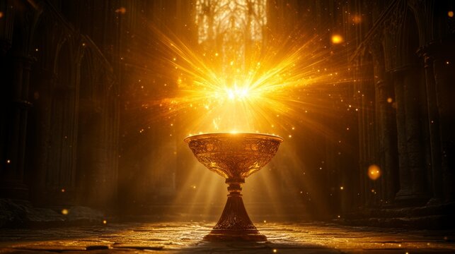 Golden chalice glowing in dark cathedral, magical light.
