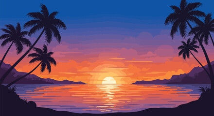  Tropical Beach Sunset with Palm Trees and Mountains