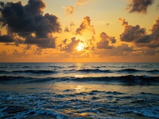 Obraz premium Sun-Kissed Horizon, Golden Ocean at Dusk