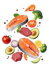  Fruits, vegetables, salmon and beef seafood floating on the air, cut out