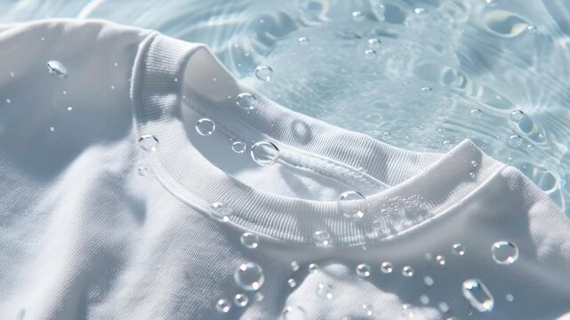 Close-up of white t-shirt collar, t-shirt in clean water with bubbles. Oxygen bleach, washing, stain remover, laundry cleanliness