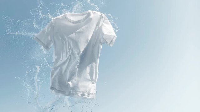 White cotton t-shirt floating on blue background with splashes of clean water flying in different directions with bright light. Concept of bleaching, washing, advertising detergent and cleaning agent