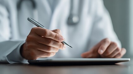 Doctor Writing with Pen on Tablet in White Lab Coat