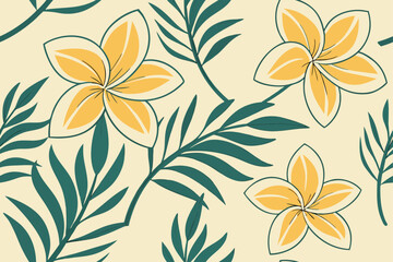 Yellow Plumeria Flowers Green Leaves Pattern tropical