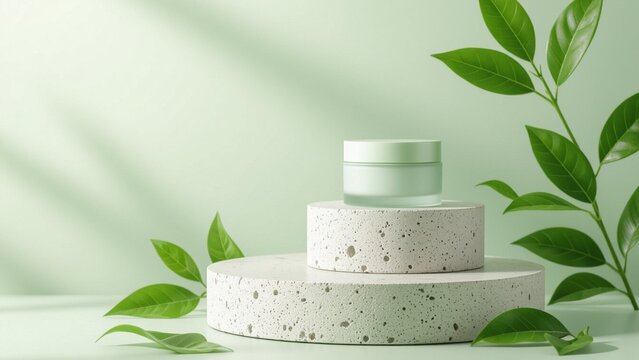 Mint-green cream jar atop speckled-stone platforms, surrounded by vibrant green leaves, bathed in soft, dappled light, evoking a natural, serene, and minimalist aesthetic.
