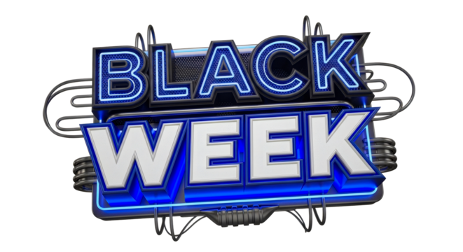 Illuminated black week sign with neon blue light on a black background