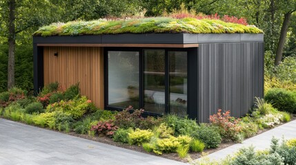 Modern garden studio with green roof, wooden wall, and large windows.