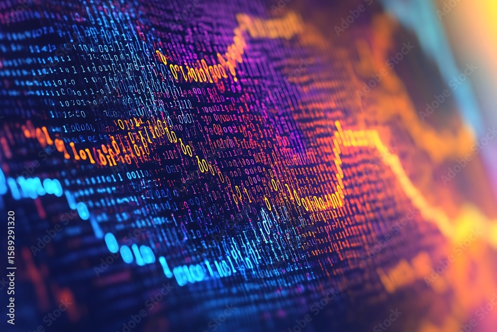 Wall mural digital data stream visualization with binary code and glowing chart lines on screen