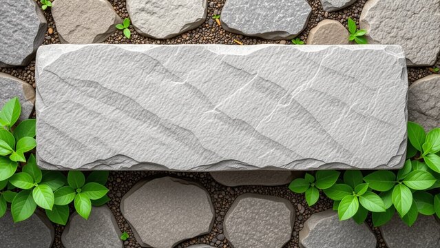 Textured rectangular stone slab, light gray, rests amidst rounded paving stones and green foliage, top-down view, soft light, natural, serene, inviting, detailed stone textures.

