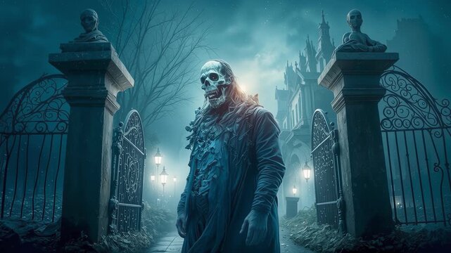 Haunting zombie at entrance to graveyard at dark foggy night