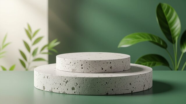 Two tiered concrete podium, speckled texture, against green backdrop with leafy plant shadows, soft lighting, creating a serene, minimalist, product display scene.
