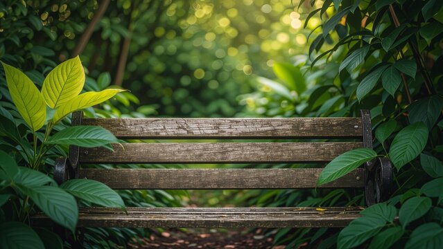 Wooden park bench, centered, surrounded by lush green foliage, dappled sunlight, shallow depth of field, tranquil ambiance, inviting, naturalistic photography, peaceful mood.
