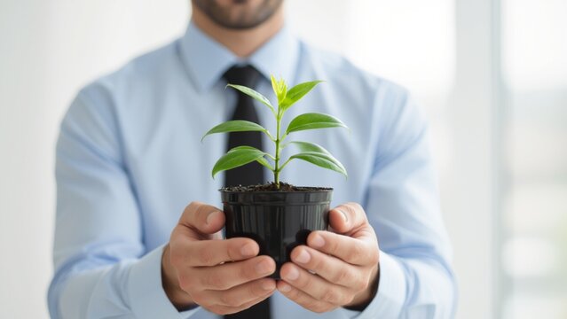 A businessman in a light blue shirt and black tie holds a small potted green plant, bathed in soft, neutral light, conveying growth and hope.
