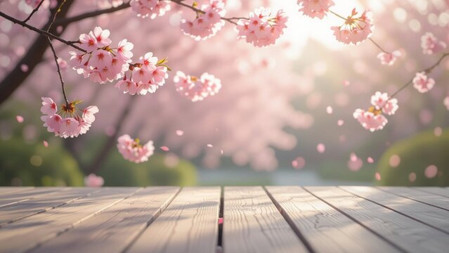 Pink cherry blossoms hang above a sunlit wooden deck; soft bokeh background, pastel colors, dreamy ambiance, shallow depth of field, serene, springtime mood.
