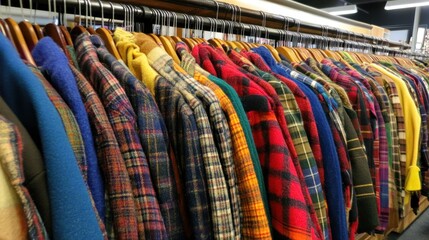 Colorful plaid shirts hanging on a rack in a store.