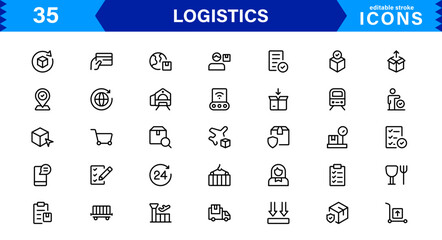 Logistics Icon Set Featuring Delivery, Transportation, Supply Chain, and Warehouse Symbols in Vector Style