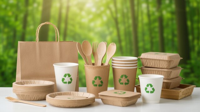 Eco-friendly tableware: paper cups, wooden utensils, bowls, and containers arranged on a white surface against a blurred green forest backdrop, bathed in soft, natural light.
