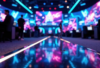 A vibrant esports or gaming event with colorful LED screens and illuminated pathways
