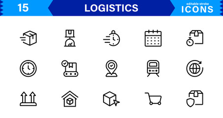 Logistics Icon Set Featuring Delivery, Transportation, Supply Chain, and Warehouse Symbols in Vector Style