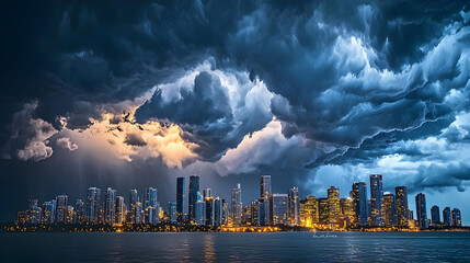Dramatic city skyline, dark storm clouds, lightning.  Vast cityscape under a tumultuous sky.  Fierce lightning illuminates the clouds