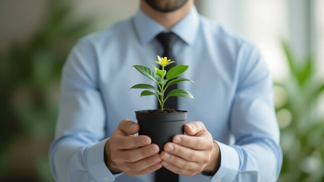 A businessman in a light blue shirt and black tie holds a small potted plant, centered, with blurred green foliage background, soft lighting, and hopeful ambiance.