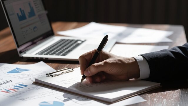 A suited hand writes on a notepad amidst financial documents, a laptop displaying charts, under warm light, conveying a focused, analytical, and professional atmosphere.