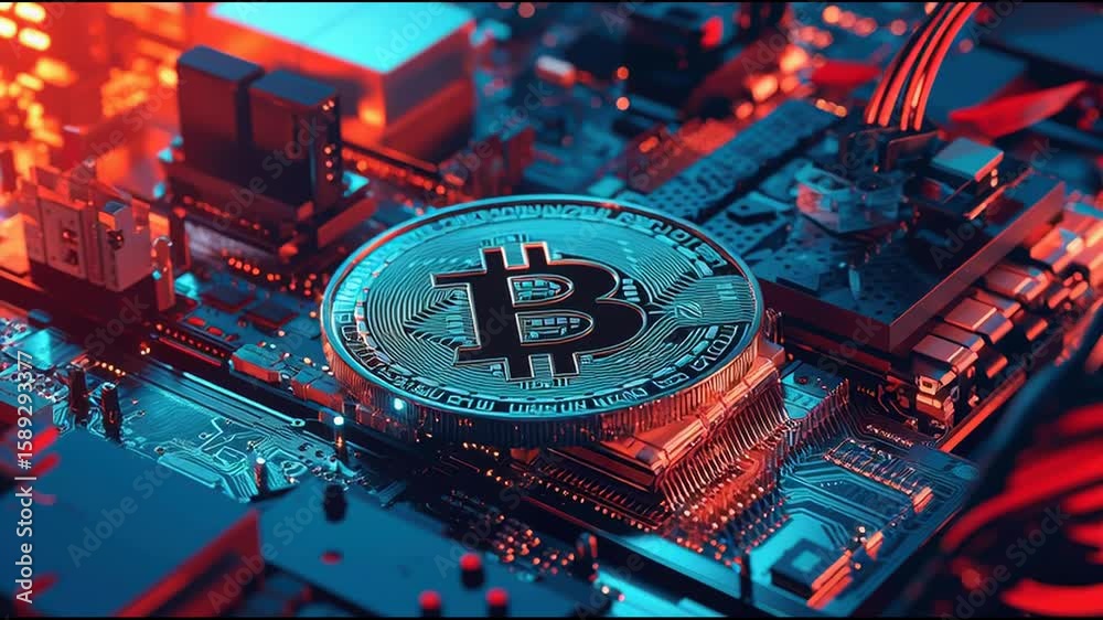 Poster ai-enhanced cryptocurrency mining displaying a bitcoin coin resting on a computer for digital asset 