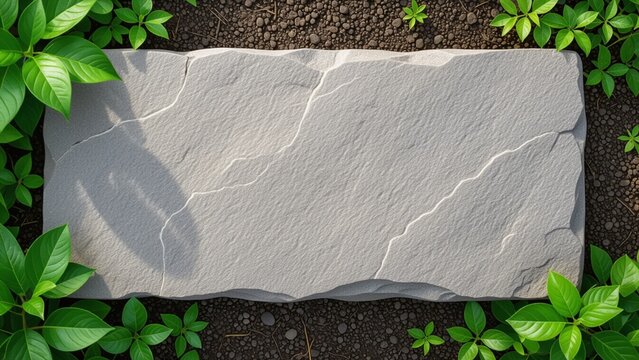 Rectangular gray stone slab, cracked texture, surrounded by vibrant green foliage on dark soil, top-down view, bright daylight, natural, serene, and inviting.