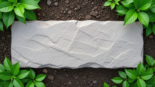 Rectangular, textured white stone slab centered on dark soil, surrounded by vibrant green leafy plants, top-down view, natural light, serene, organic, and slightly elevated.
