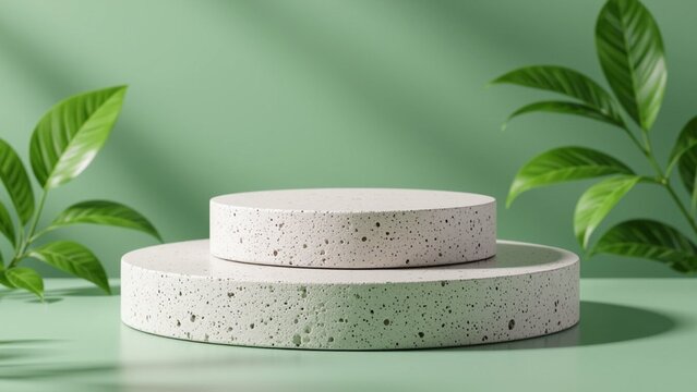 Two speckled, round platforms sit offset against a light green backdrop, framed by leafy green branches, bathed in soft, dappled sunlight, creating a serene, minimalist ambiance.