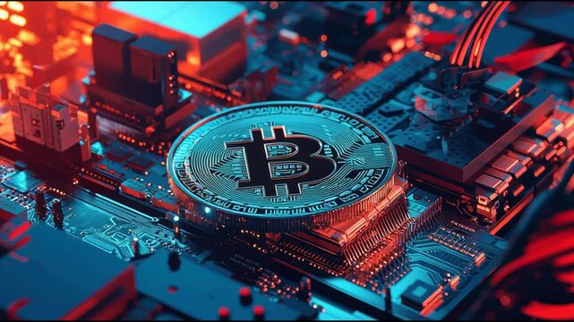 Ai-enhanced cryptocurrency mining displaying a bitcoin coin resting on a computer for digital asset generation. Bitcoin on Circuit Board &ndash; Animated Video Version