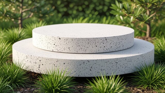 Two tiered, porous concrete platforms sit amidst green grass and small trees, bathed in soft, natural light, creating a serene, minimalist outdoor scene.