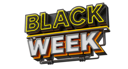 A black week promotional graphic with yellow and white lettering