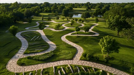 Naklejka premium Colorful spring park with birds-eye view of tree-covered lake, dappled light on the stone path weaving through the greenery. 